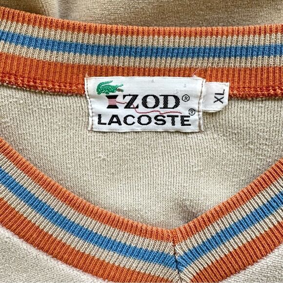 LACOSTE Vintage Tan Velour V-Neck Pullover Sweater Size XL - Picture 3 of 12